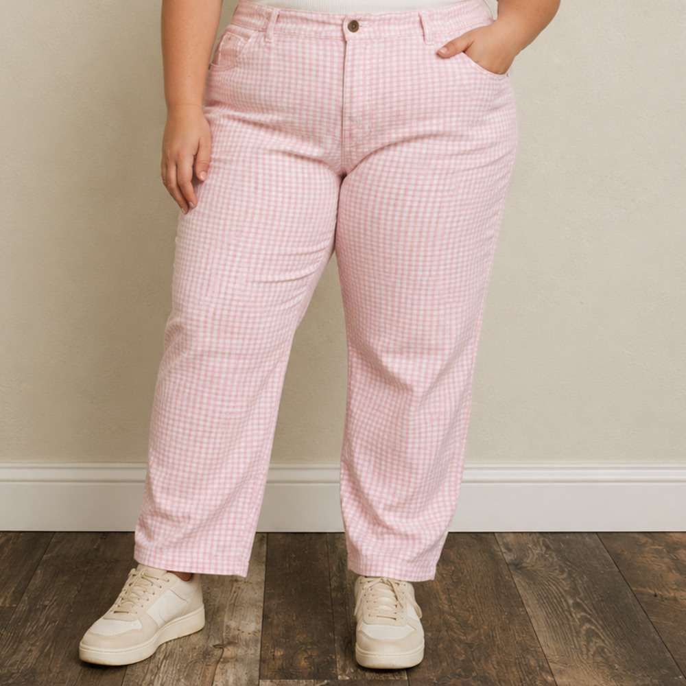 Vintage Pink Gingham High Rise Pants Cottagecore Coquette Tappered Plus Size